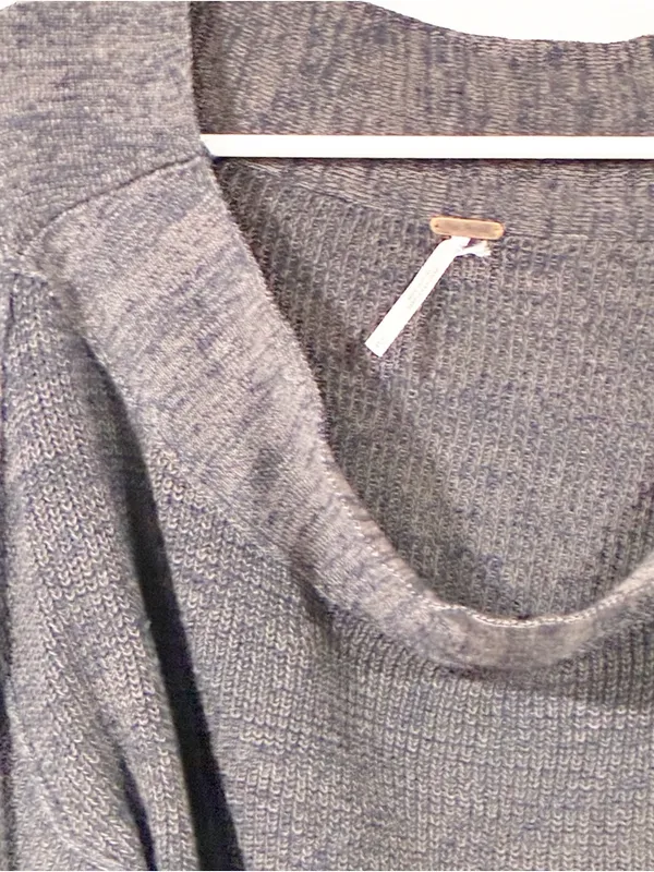 Free People Grey Linen Blend Ribbed Off Shoulder Slouchy Knit Top Size Large - Image 2