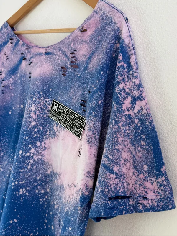 Custom "Rated R" Patch Distressed Bleach Tee Blue Size L - Image 5
