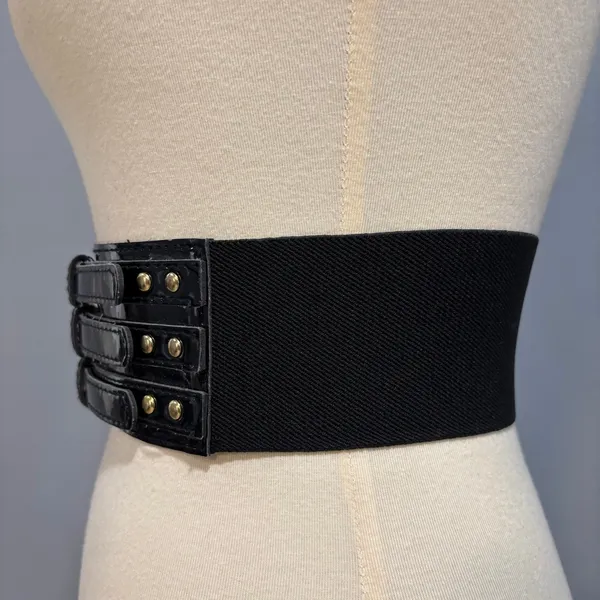 VTG Y2K Black Patent Leather Corset Belt Triple Buckle Whimzigoth Punk Gothic - Image 2