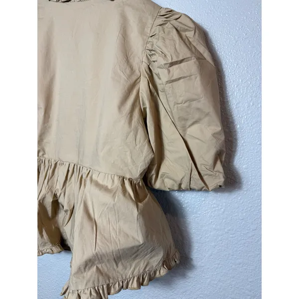 Endless Rose Puff Sleeve Peplum Top Tan Ruffle V-Neck Cotton Size S JJ1080T - Image 11