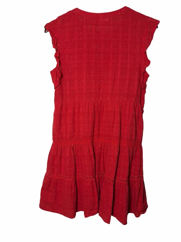 Knox Rose Red Boho Cotton Tiered Mini Dress Crochet Lace Tassel Tie Medium - Image 7