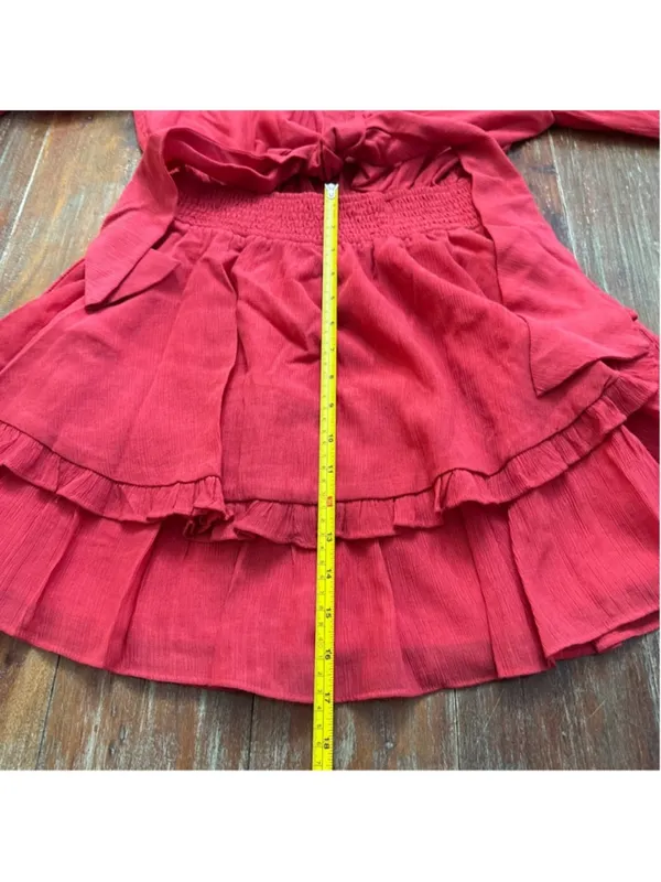 Angel Biba Red Tie Front Ruffle Tiered Mini Dress Long Sleeve Boho US S AU 8 - Image 12