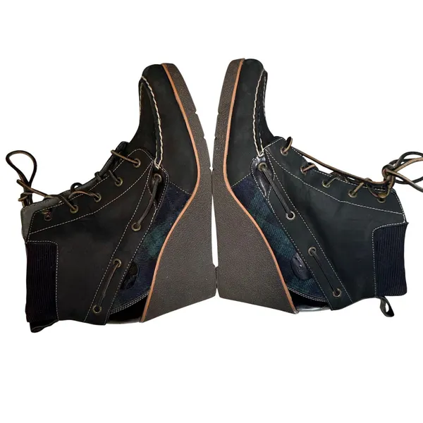Sperry Top-Sider 11M Black Green Leather Wedge Boot Plaid Laceup Preppy Academia - Image 7
