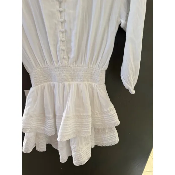 Aerie‎ White Cotton Gauze Lace Ruffle Romper Smocked Waist V-Neck Long Sleeve XS - Image 3
