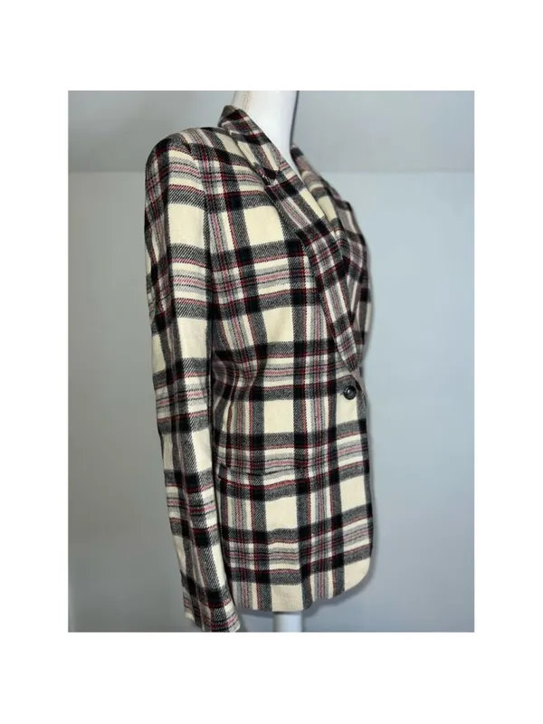 Women’s Cream Plaid Wool Blazer Single Button XL Red - Image 2
