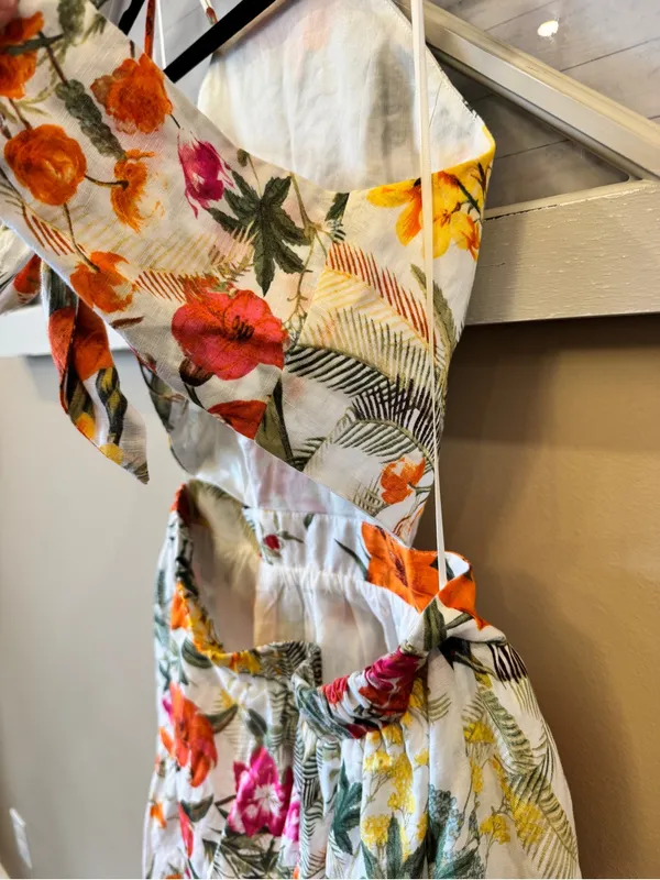 Chelsea & Violet Tropical Floral Print Tiered Midi Dress Linen‎ Blend Tie Back - Image 7