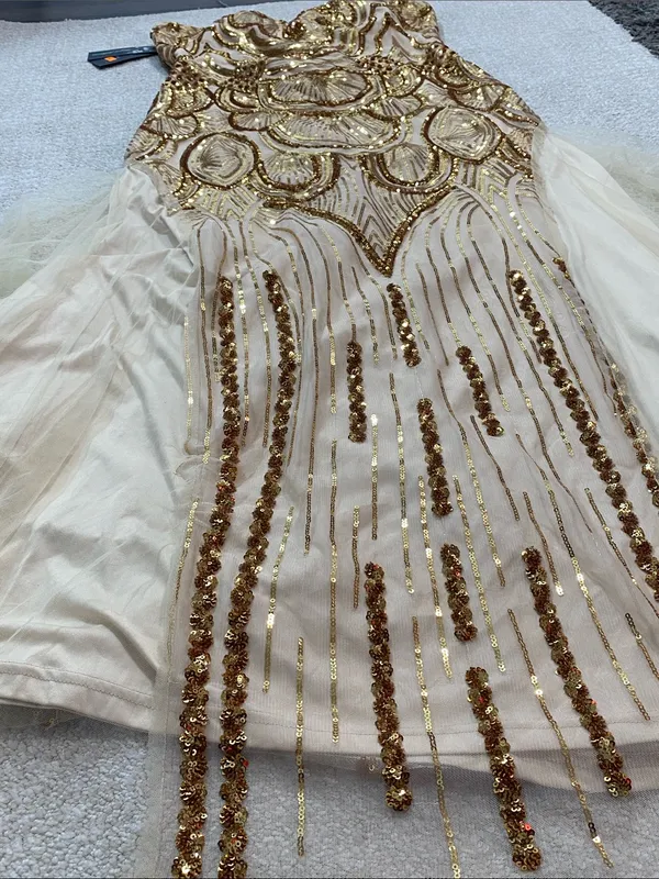Strapless Gold Sequin Evening Column Dress Size L - Image 13
