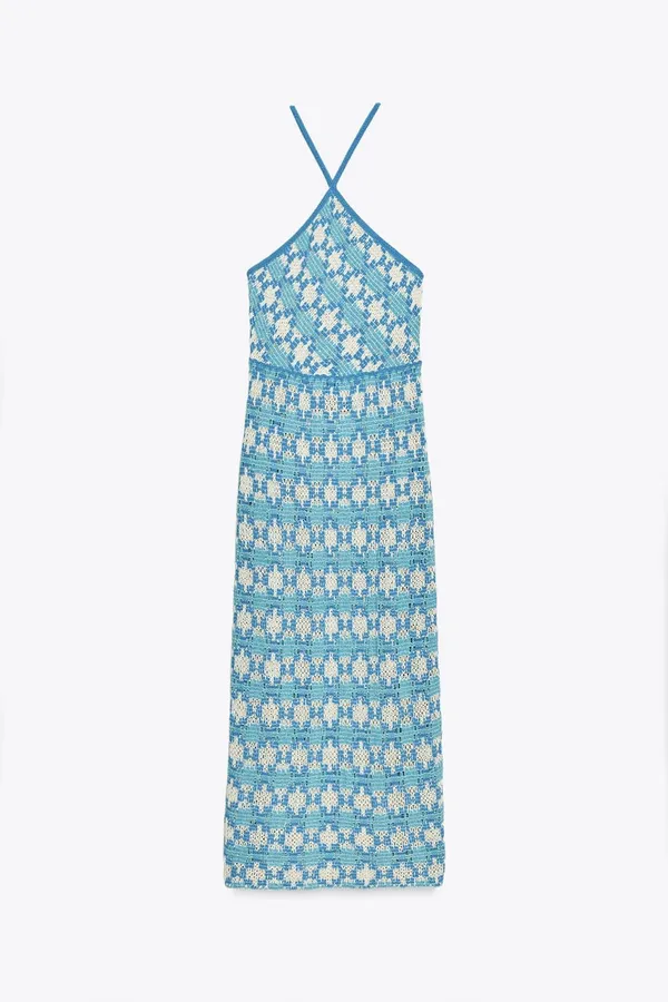 Zara Blue Patterned Crochet Halter Maxi Dress Bohemian Summer Casual - Image 9