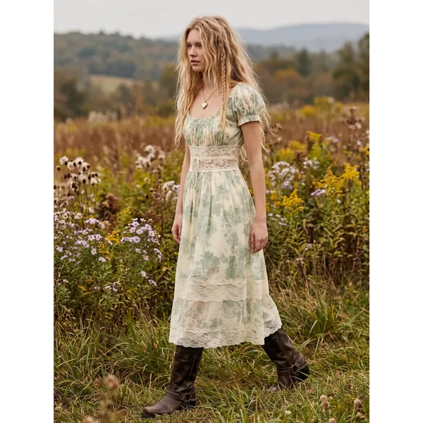 Free People Ethereal Dainty Cottage Lace Honeysuckle Floral Midi Dress Medium - Image 3