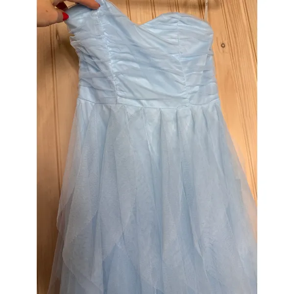 NWT Lulus Delightful Beauty Blue Mesh Strapless Ruched Ruffled Maxi Dress Sz L - Image 4