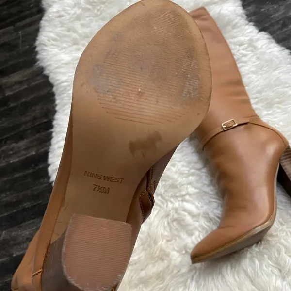 Nine West Brown Tan Knee High Faux Leather Boots Buckle Detail Quiet Luxury - Image 3