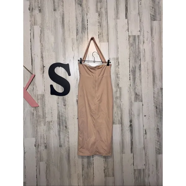 Nude Bodycon Midi Dress XS Halter Strap Fitted Stretch Cocktail Club - Image 3