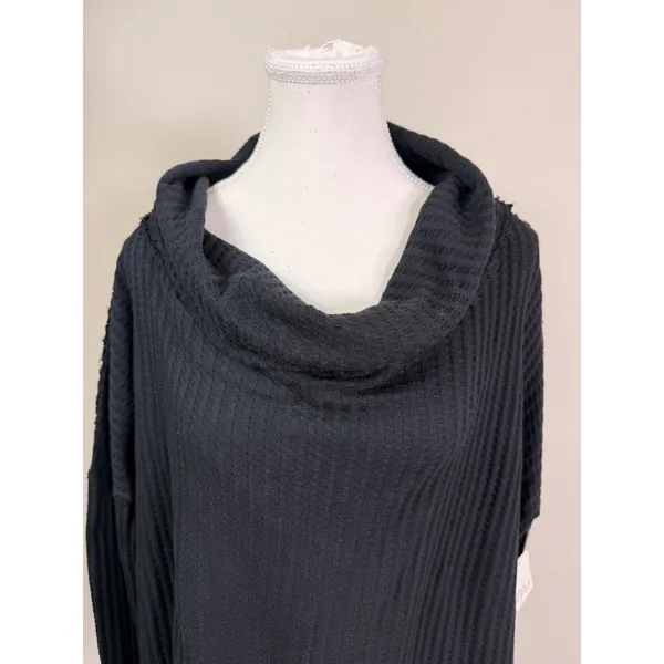 Free People Black Cowl Neck Waffle Knit Split Back Thermal Top Small P NEW - Image 5