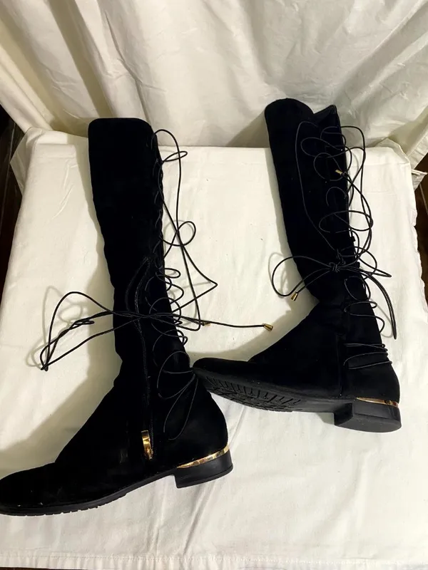 Women’s Black Over The Knee Lace Up Boots Size 9 Faux Suede Gold Accent Low Heel - Image 4