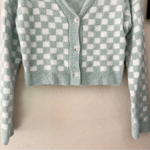 Aster Checkered Knit Cropped Cardigan Sweater Blue Size L - Image 3