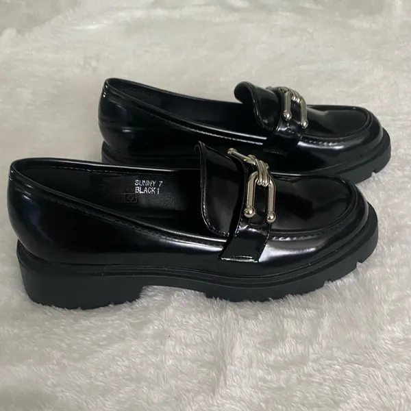 Creation Chunky Platform Loafers Chain Buckle SlipOn Black Patent Size 7 - Image 5