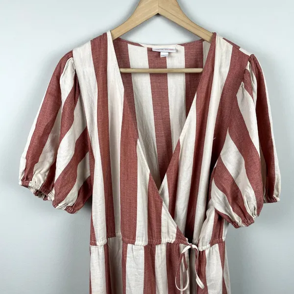 Knox Rose Wrap Dress L Maxi V-Neck Striped Cream‎ Brick Tiered Short Puff Sleeve - Image 5