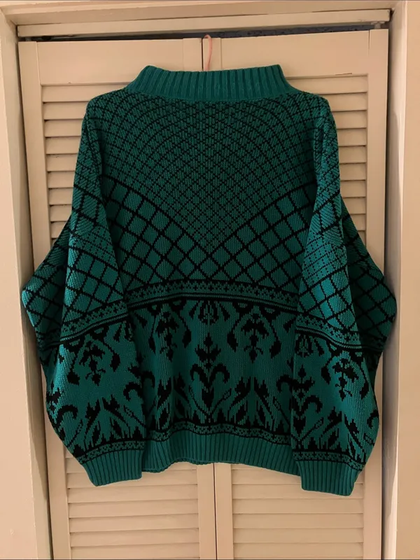 Vintage Lauren Acrylic Green Teal and Black Print Mockneck Sweater - Image 4