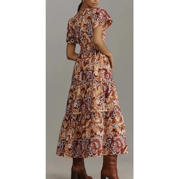 Anthropologie Somerset Maxi Dress S Retro Paisley Floral 100% Cotton Smocked - Image 2