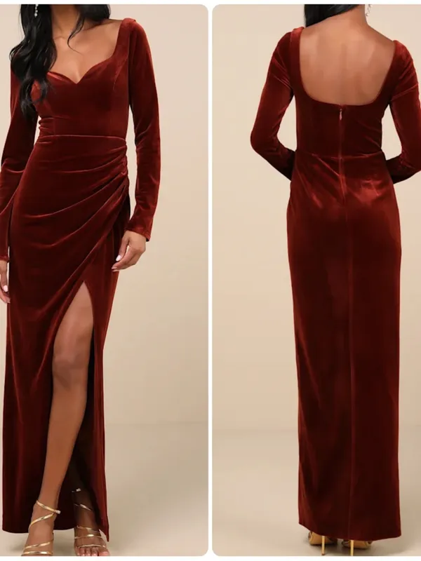 Lulus Forever Sensational Rust Brown Velvet Long Sleeve Maxi Dress - Image 2