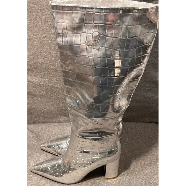 Womens Silver Crocodile Embossed Knee High Boots Pointed Toe‎ Block Heel - Image 5