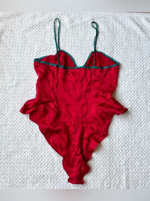 VTG 100% Silk Teddy Romper Bodysuit Lingerie M Red Coquette Button Down Pinup - Image 9