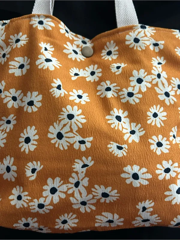 Daisy Print Orange Floral Canvas Tote Bag with White Handles - Image 6