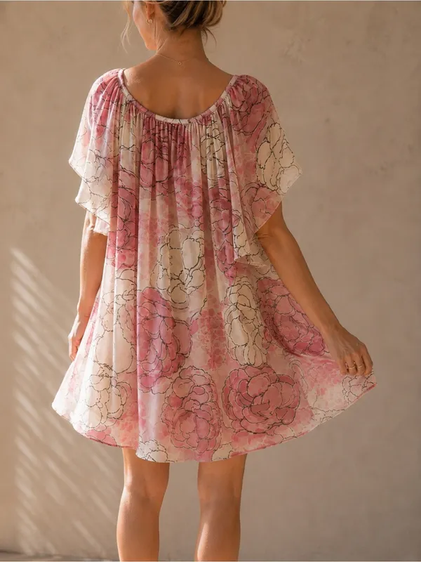 BCBGMaxAzria Boho Blush Pink Floral Mesh Cottagecore Flutter Sleeve Dress - Image 9
