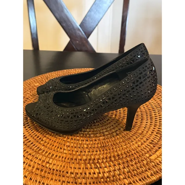 Kelly & Katie Black Studded Rhinestone Peep Toe Platform‎ Pumps Heels Size 7 - Image 7