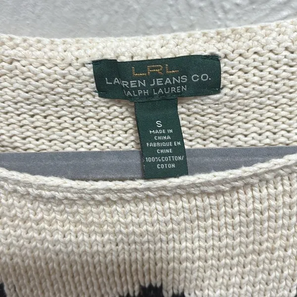 Ralph Lauren Boat Neck Intarsia Knit Sweater Pullover Cream Black Size Small - Image 2
