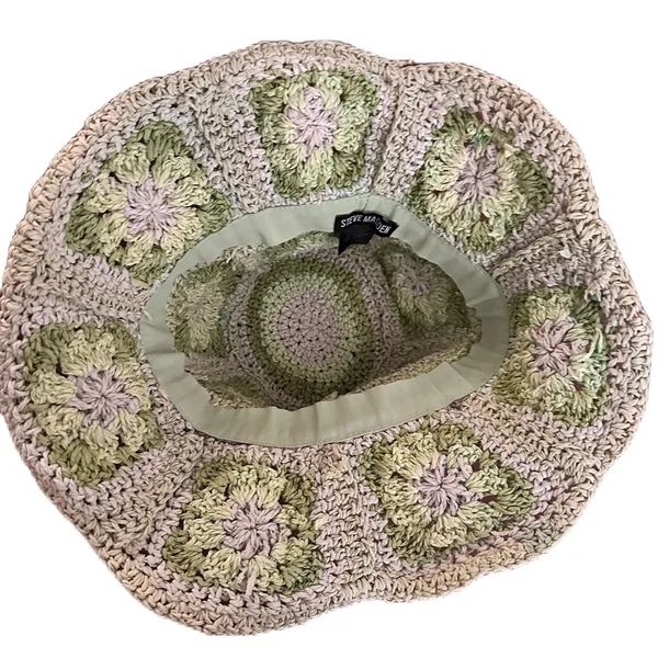 Steve Madden Crochet Granny Square Sun Hat Green Floral Boho Bucket Summer Hat - Image 9