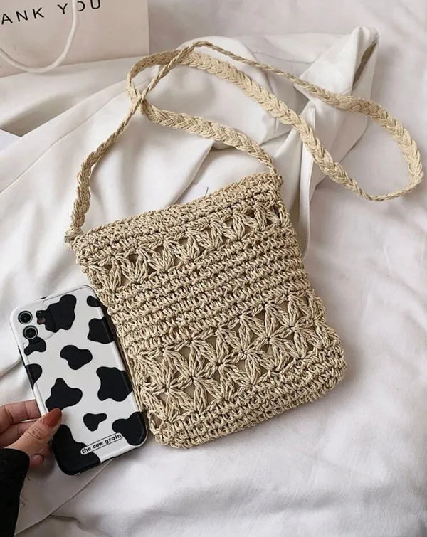 Tassel And Bead Straw Bag Tan - Image 2