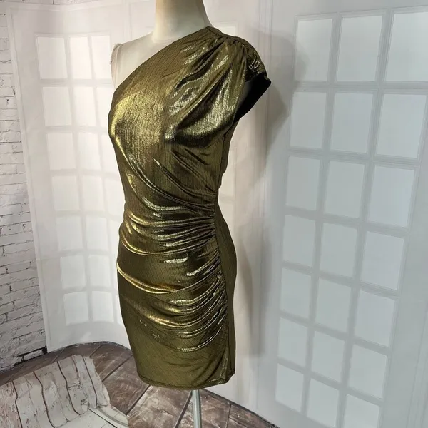 Grace Karin gold one shoulder side ruched cocktail dress size small - Image 2
