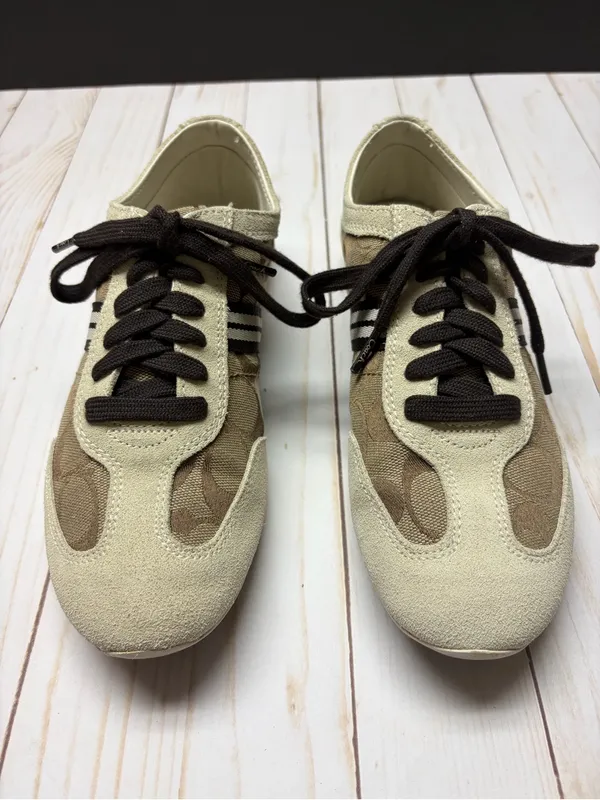 Coach Beyla Tan and Brown Signature Canvas & Suede Sneakers Size 7.5 - VINTAGE - Image 3