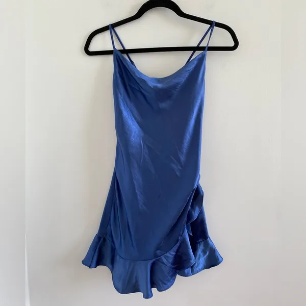 Princess Polly Navy Janson Playsuit Satin Ruffle Romper Size 6 **FLAWS** - Image 3