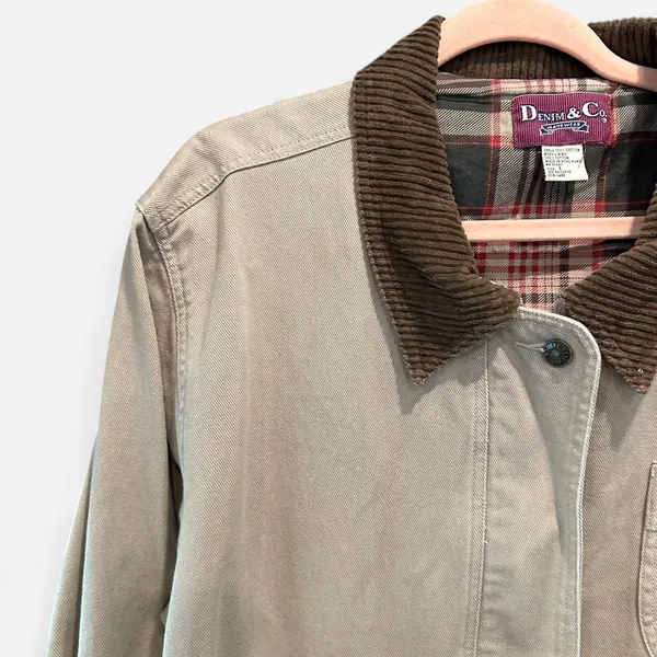 Vintage Tan Barn Coat Corduroy Collar Cotton Utility Jacket Chore Coat Large - Image 9