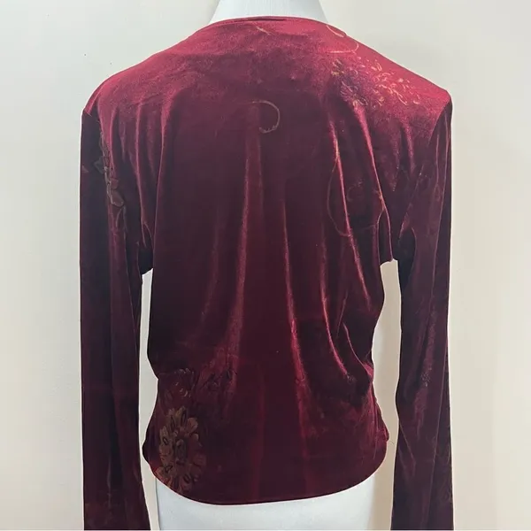 Clio Vintage Y2K Burgundy Velvet Floral Faux Wrap Top L - Image 2