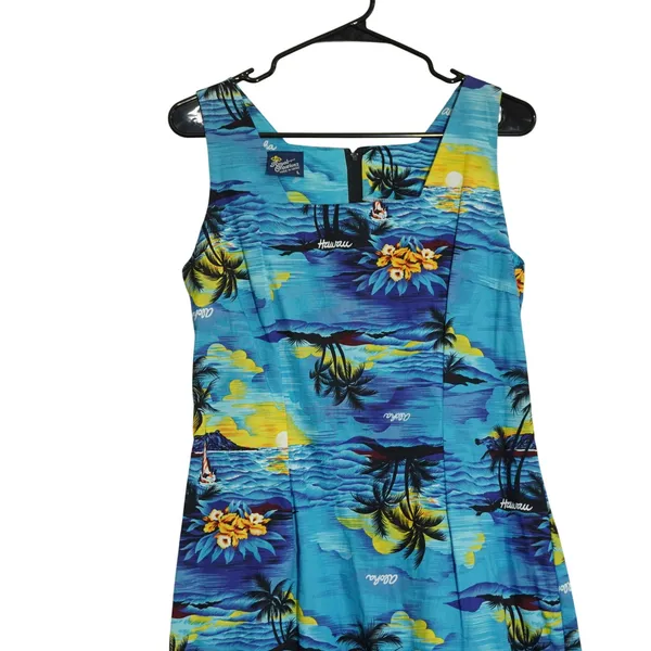 Royal Creations Hawaii Women's Shift Dress Large Blue Tropical Palm Tree Cotton - Image 2