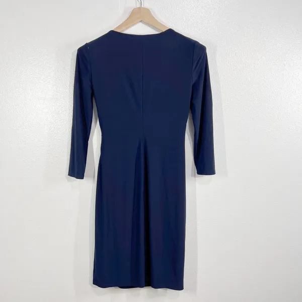 Lauren Ralph Lauren Navy Ruched Faux Wrap Dress Size 4 | 3/4 Sleeve Knee‎ Length - Image 3