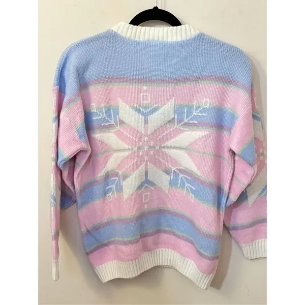 Vintage 90s Pastel Winter Snowflake Sweater Small Pink - Image 5