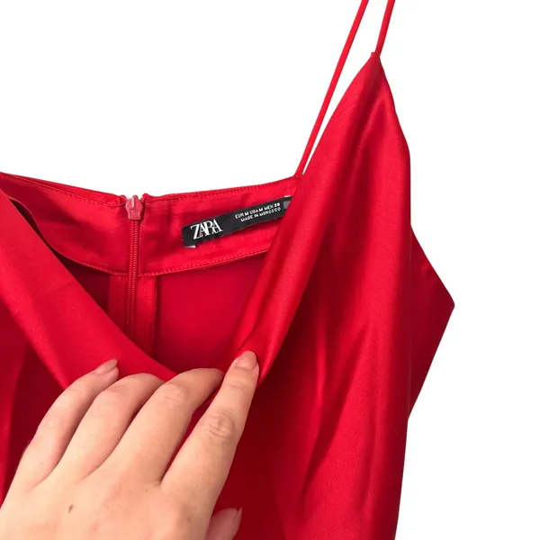 ZARA Satin Gathered Mini‎ Dress Red Medium - Image 4