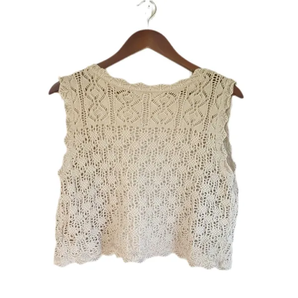 DECREE Beige Cream Crochet Open Front Vest XL Cropped Boho Festival Beach Summer - Image 2