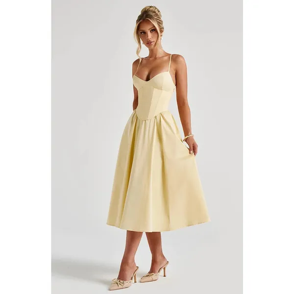 NWT Babyboo Mariella Lemon Yellow Lace Up Corset Fit & Flare Midi Dress Size XS - Image 3
