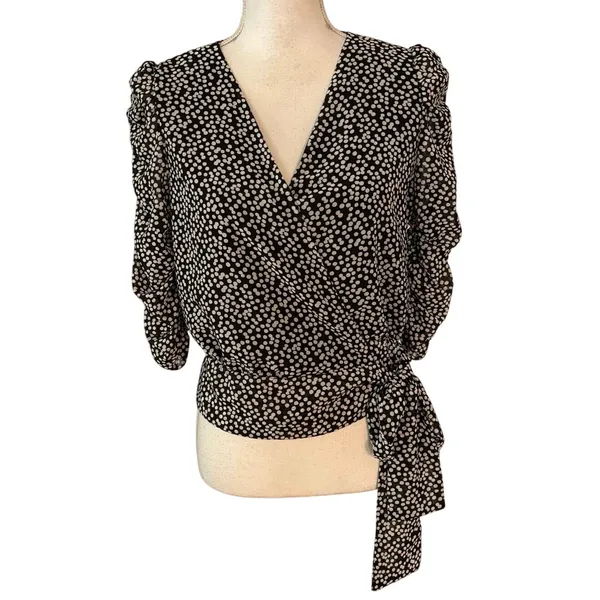 Frank Lyman Size 2 Polka Dot Side Tie Wrap Top Blouse Black White - Image 2