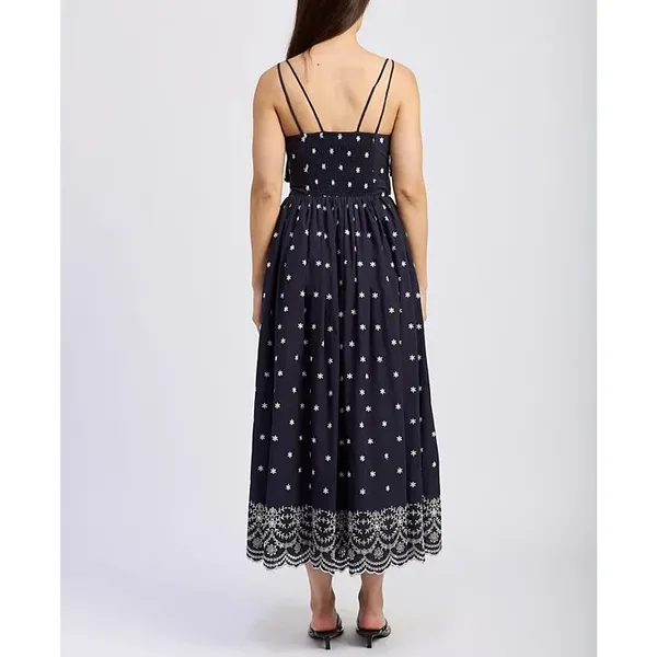 En Saison Womens Midi Dress Size S Navy White Cotton Embroidered Hem Tie-Straps - Image 2