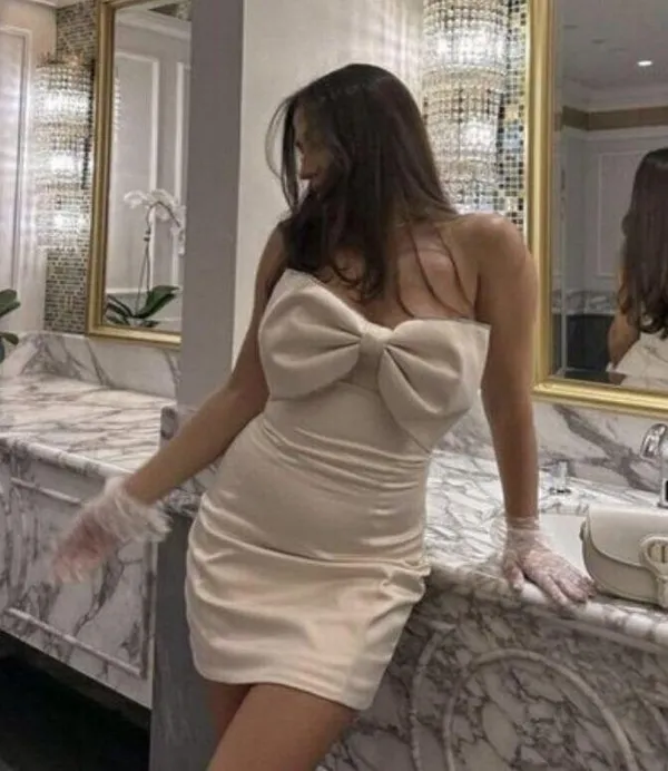 HOUSE OF CB Ariella Satin Crystal Embellished Bow Dress in Ivory Size Small - Image 16