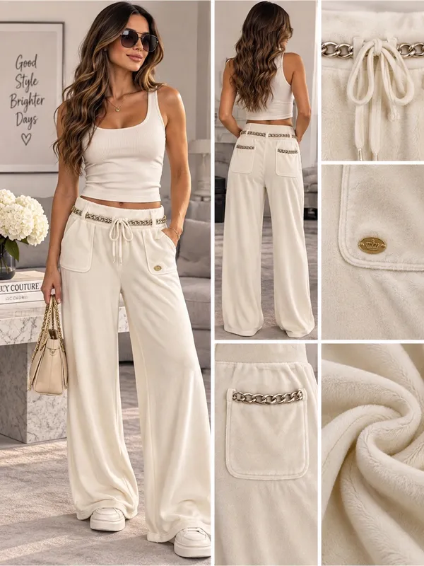 Juicy Couture Cream Velour Wide-Leg Lounge Pants with Gold Chain Trim Y2K Size M - Image 2
