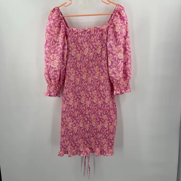 ASOS x NEW LOOK Dress Size 6 Smocked Floral Ruched Pink Orange Mini Sweetheart - Image 4