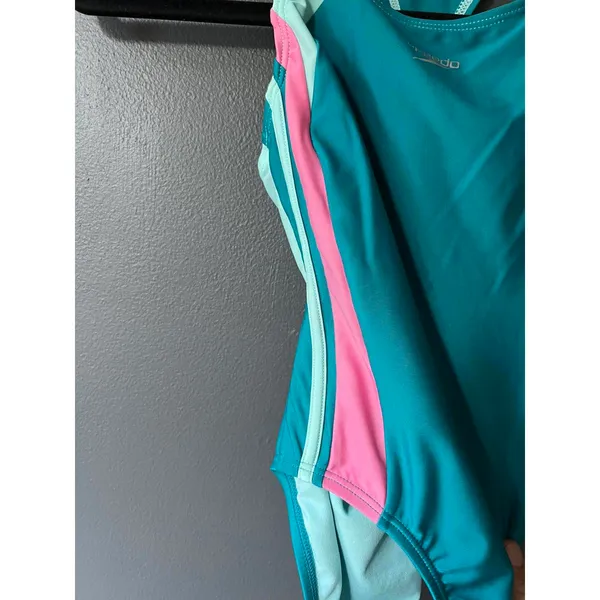 Speedo Women's One-Piece Swimsuit in Teal with Pink and Light Blue Accents - Image 3