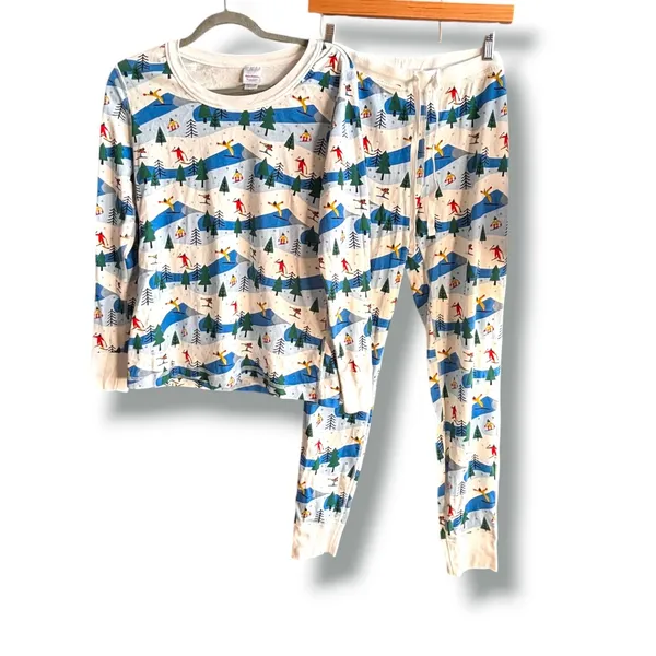Hanna Andersson Womens Organic Cotton Ski Scene Pajama Set Blue White Winter - Image 2